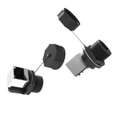 IP67 waterdicht RJ45-vliegtuigplug met PA66 nylon behuizing en 90 graden netwerkkabelconnector
