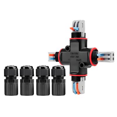P20X Waterproof Through Connector with 1-to-2 Ports UL94 V-0 Flame Resistance and 450V Rated for Tool-Free Fast Wiring